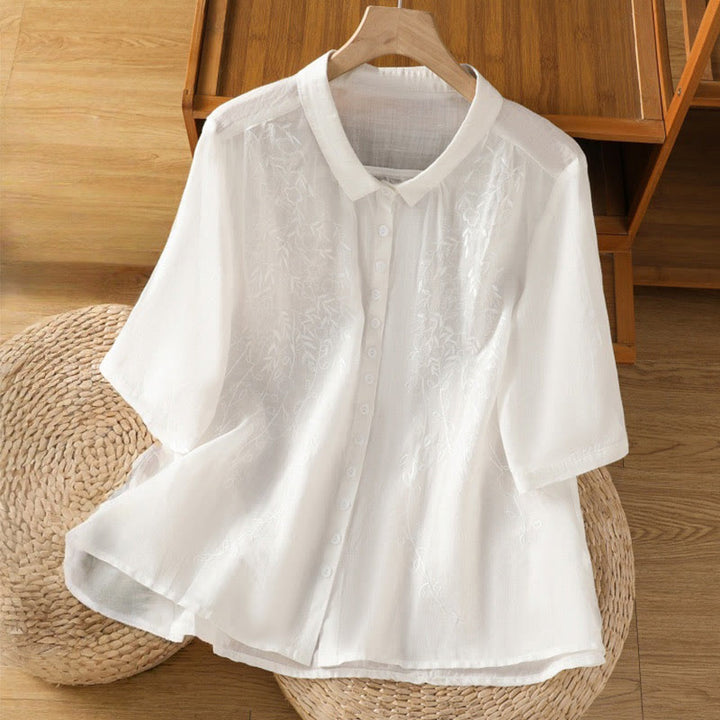Chemise à manches courtes en coton pour femme avec col montant et boutons brodés de Buddha Stones  - Neige - US8-10，UK/AU12-14，EU40-42 (2XL) - image 17