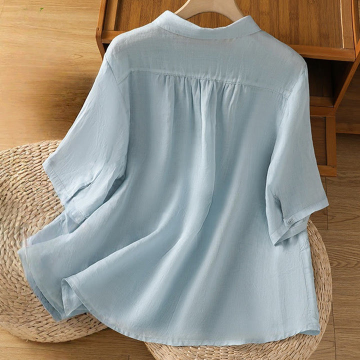 Chemise à manches courtes en coton pour femme avec col montant et boutons brodés de Buddha Stones