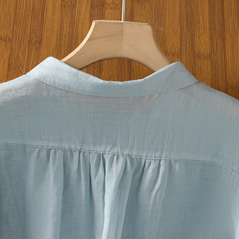 Chemise à manches courtes en coton pour femme avec col montant et boutons brodés de Buddha Stones