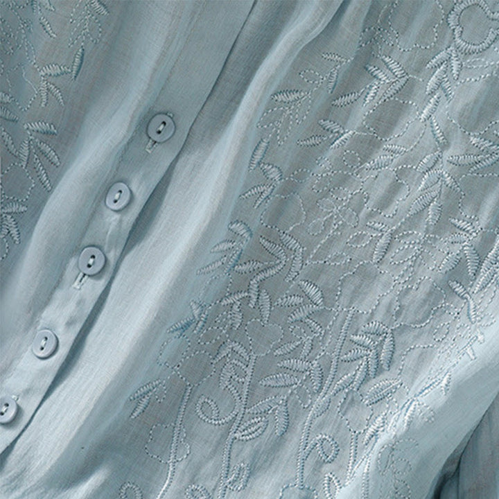 Chemise à manches courtes en coton pour femme avec col montant et boutons brodés de Buddha Stones  - image 30