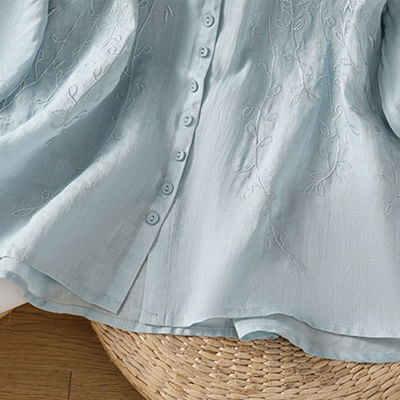 Chemise à manches courtes en coton pour femme avec col montant et boutons brodés de Buddha Stones  - image 28