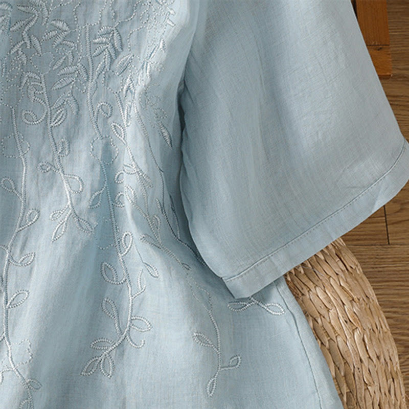 Chemise à manches courtes en coton pour femme avec col montant et boutons brodés de Buddha Stones  - image 29