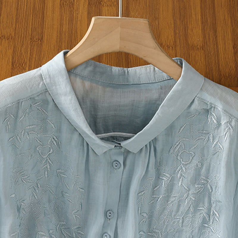 Chemise à manches courtes en coton pour femme avec col montant et boutons brodés de Buddha Stones  - image 25