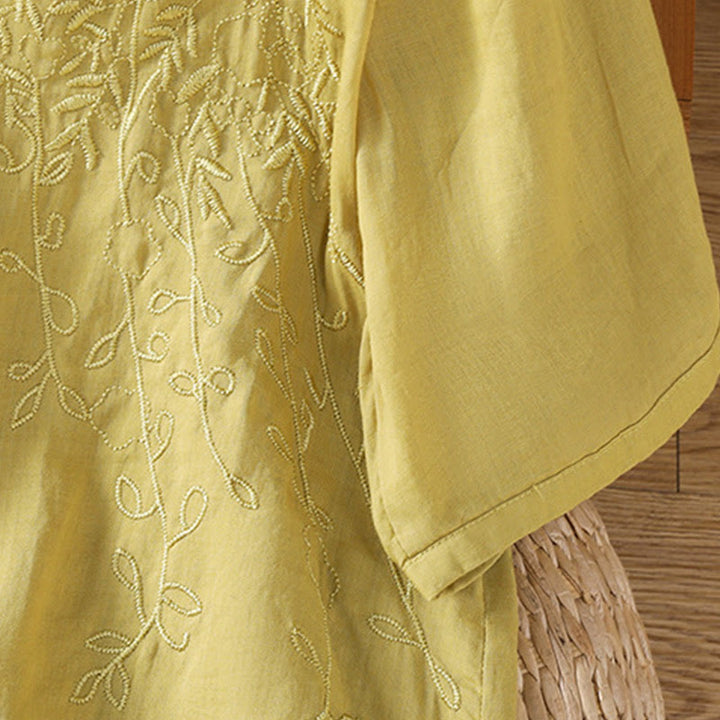 Chemise à manches courtes en coton pour femme avec col montant et boutons brodés de Buddha Stones  - image 35