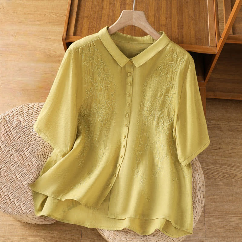 Chemise à manches courtes en coton pour femme avec col montant et boutons brodés de Buddha Stones