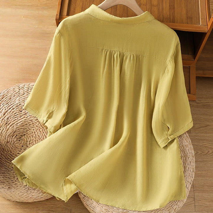 Chemise à manches courtes en coton pour femme avec col montant et boutons brodés de Buddha Stones  - image 32