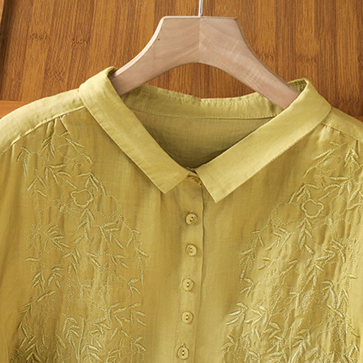 Chemise à manches courtes en coton pour femme avec col montant et boutons brodés de Buddha Stones  - image 33