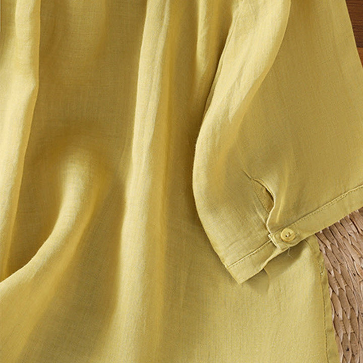 Chemise à manches courtes en coton pour femme avec col montant et boutons brodés de Buddha Stones