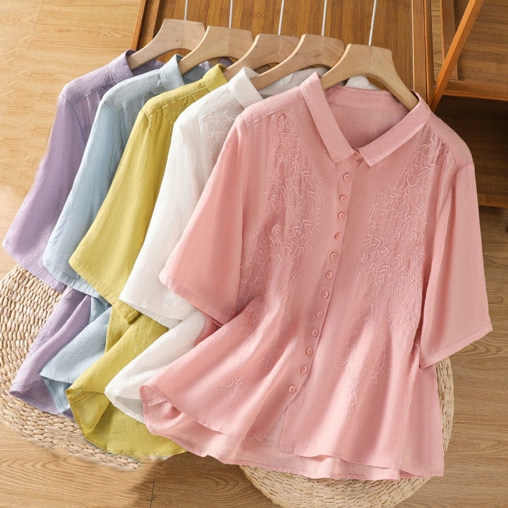 Chemise à manches courtes en coton pour femme avec col montant et boutons brodés de Buddha Stones