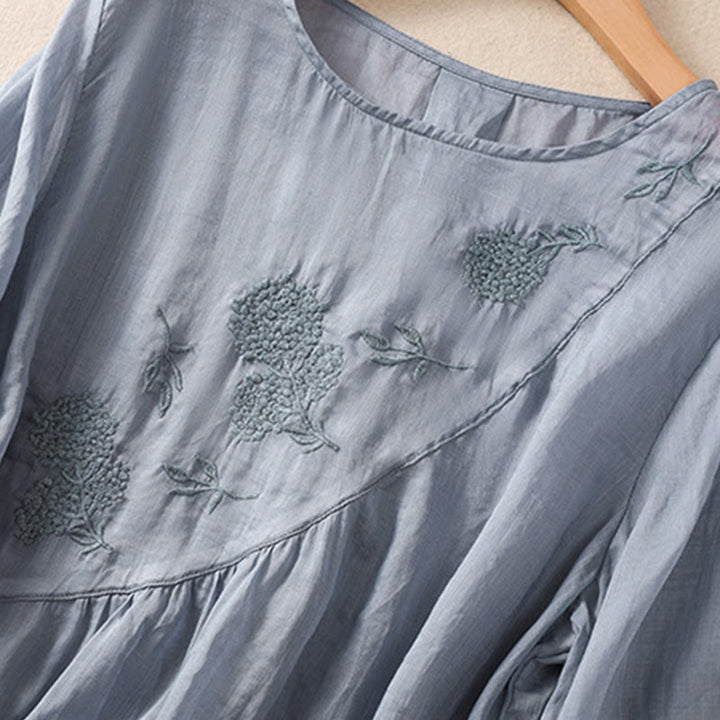 Chemise à manches courtes en coton et lin pour femme, col rond, ornée de fleurs et de Buddha Stones - image 6