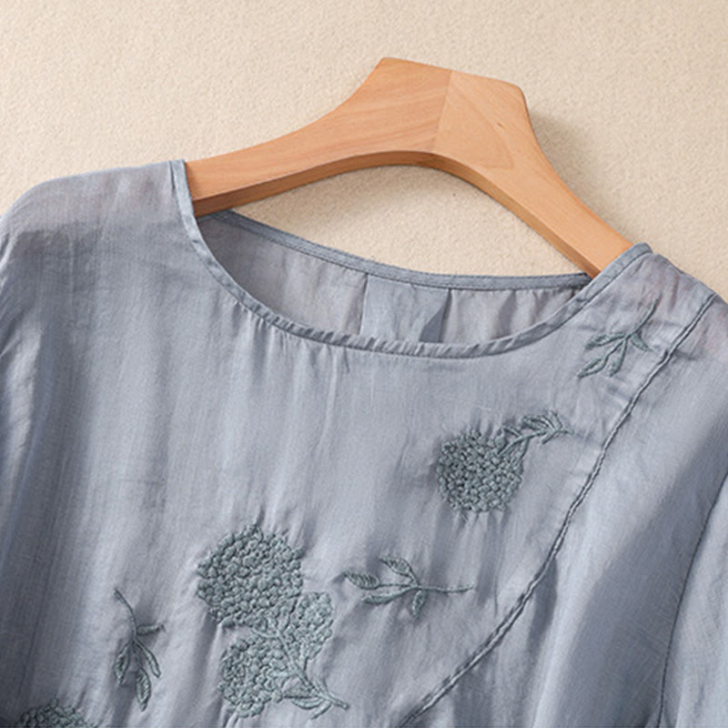 Chemise à manches courtes en coton et lin pour femme, col rond, ornée de fleurs et de Buddha Stones - image 2