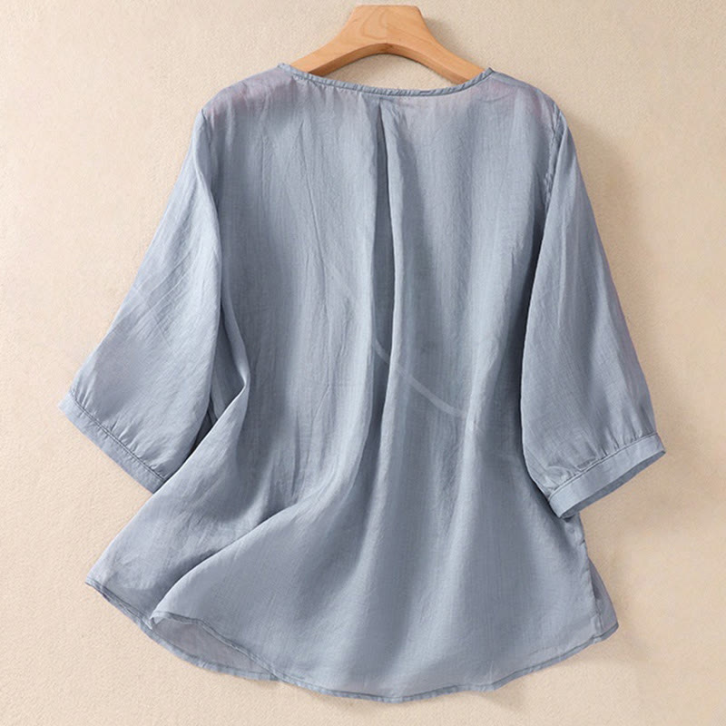 Chemise à manches courtes en coton et lin pour femme, col rond, ornée de fleurs et de Buddha Stones - image 1