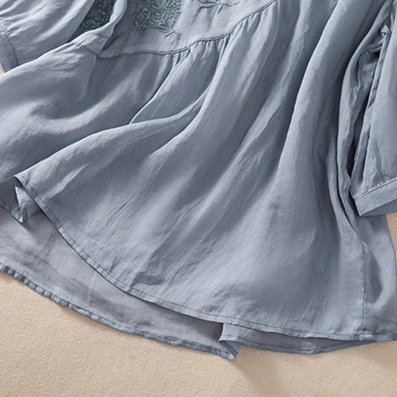 Chemise à manches courtes en coton et lin pour femme, col rond, ornée de fleurs et de Buddha Stones - image 4