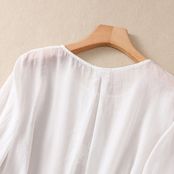 Chemise à manches mi-longues en coton et lin pour femme, motif fleurs brodées, motif Buddha Stones  - image 10