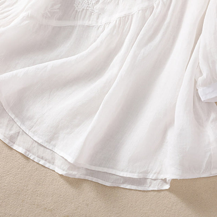 Chemise à manches mi-longues en coton et lin pour femme, motif fleurs brodées, motif Buddha Stones  - image 12