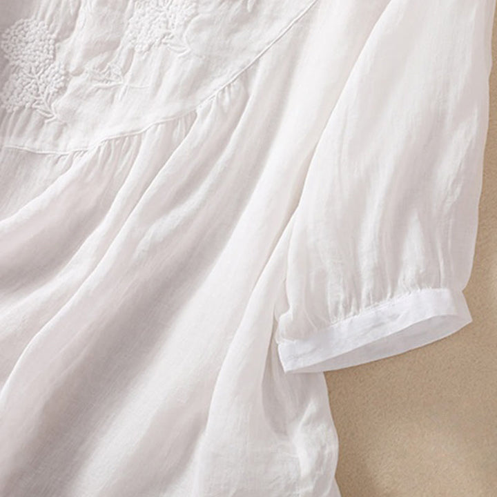 Chemise à manches mi-longues en coton et lin pour femme, motif fleurs brodées, motif Buddha Stones