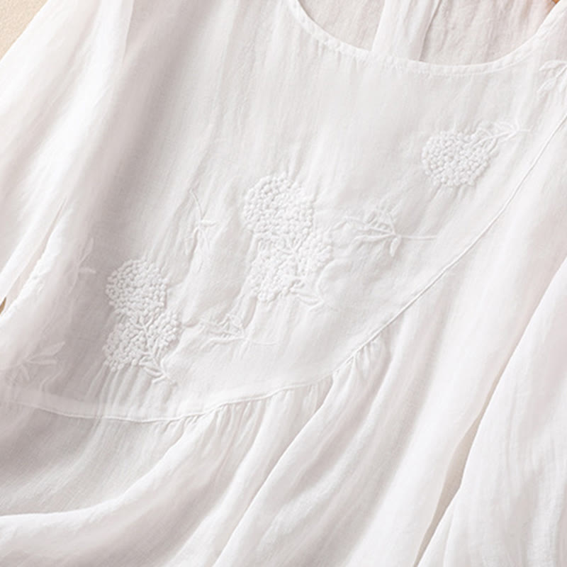 Chemise à manches mi-longues en coton et lin pour femme, motif fleurs brodées, motif Buddha Stones