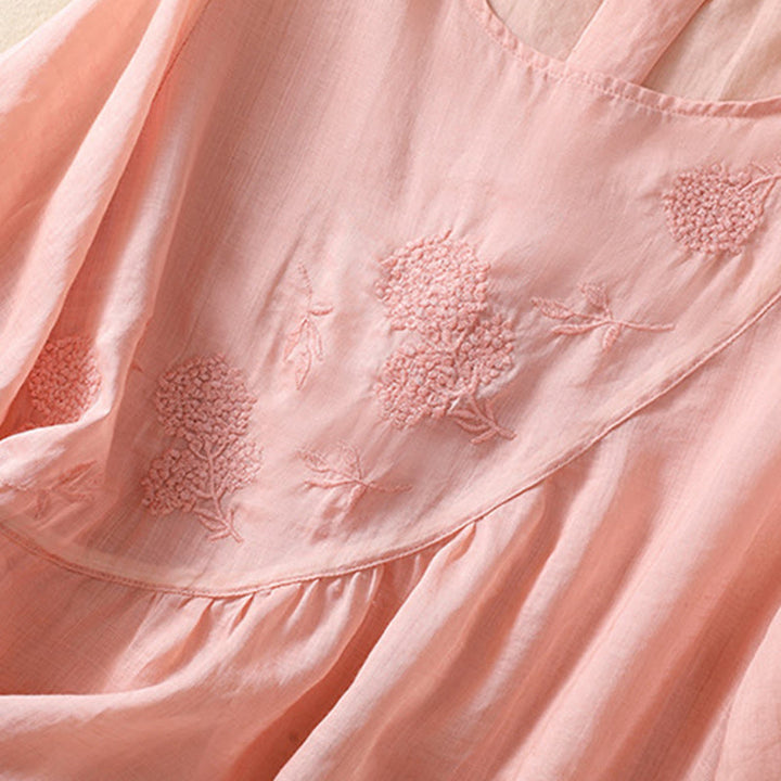 Chemise à manches courtes en coton et lin pour femme, col rond, ornée de fleurs et de Buddha Stones - image 18