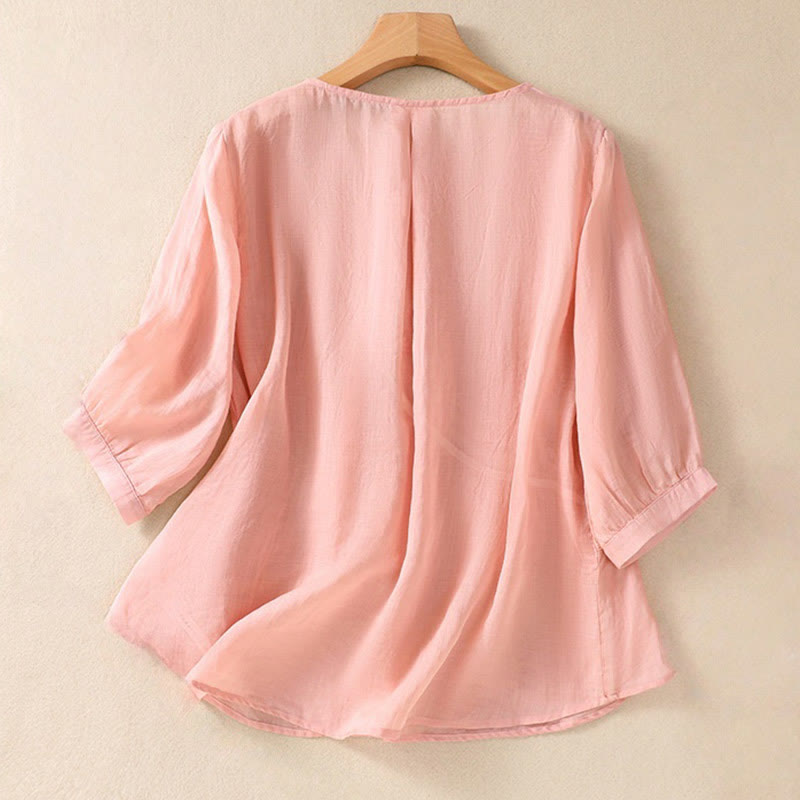 Chemise à manches mi-longues en coton et lin pour femme, motif fleurs brodées, motif Buddha Stones  - image 15