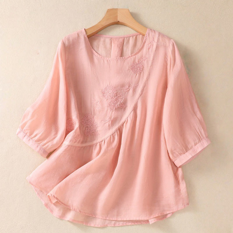 Chemise à manches mi-longues en coton et lin pour femme, motif fleurs brodées, motif Buddha Stones