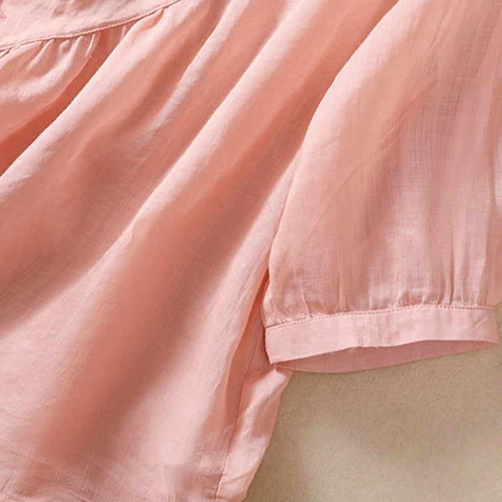 Chemise à manches courtes en coton et lin pour femme, col rond, ornée de fleurs et de Buddha Stones - image 21