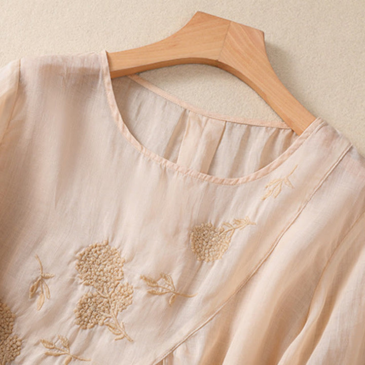 Chemise à manches mi-longues en coton et lin pour femme, motif fleurs brodées, motif Buddha Stones