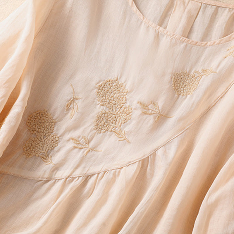 Chemise à manches mi-longues en coton et lin pour femme, motif fleurs brodées, motif Buddha Stones