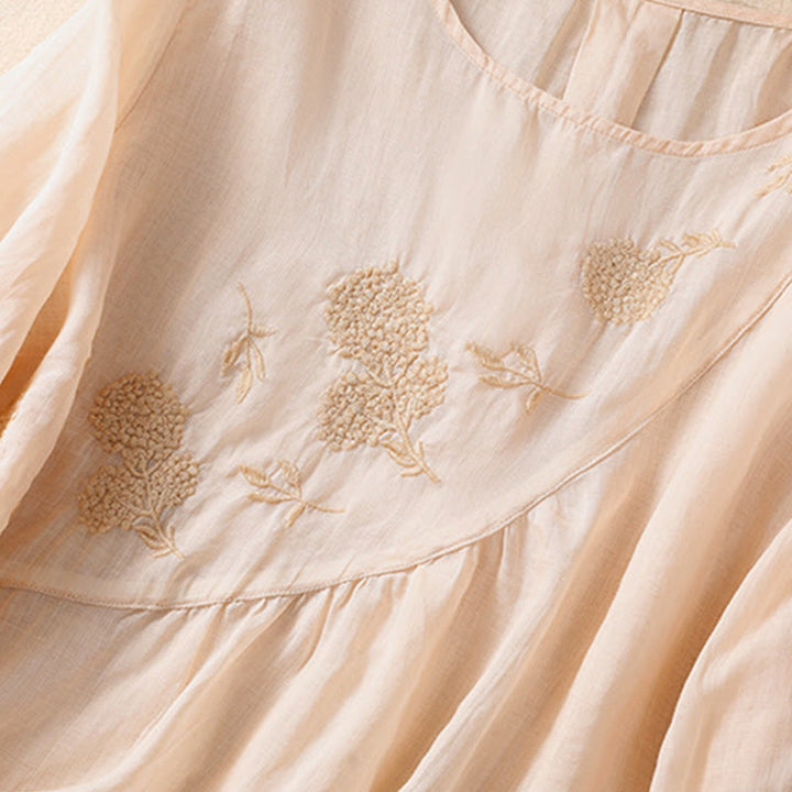 Chemise à manches mi-longues en coton et lin pour femme, motif fleurs brodées, motif Buddha Stones