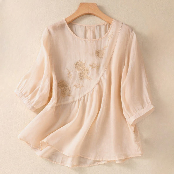 Chemise à manches mi-longues en coton et lin pour femme, motif fleurs brodées, motif Buddha Stones