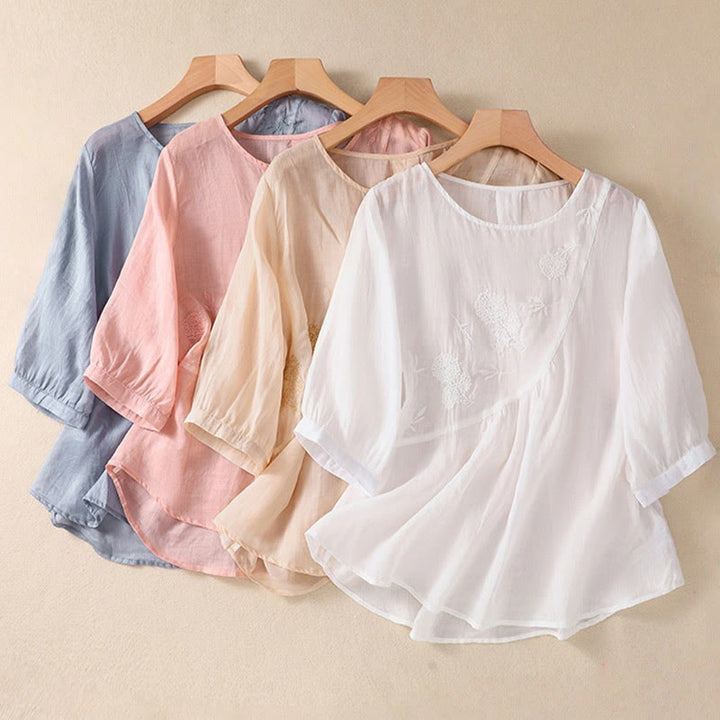 Chemise à manches mi-longues en coton et lin pour femme, motif fleurs brodées, motif Buddha Stones  - image 28