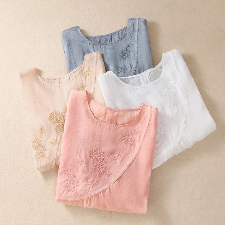 Chemise à manches courtes en coton et lin pour femme, col rond, ornée de fleurs et de Buddha Stones - image 27