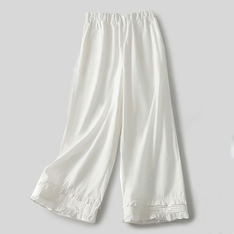 Pantalon en coton et lin pour femme avec poches, motif Buddha Stones, ourlet à volants, couleur pure - Blanc - US12，UK/AU16，EU44 (2XL) - image 0