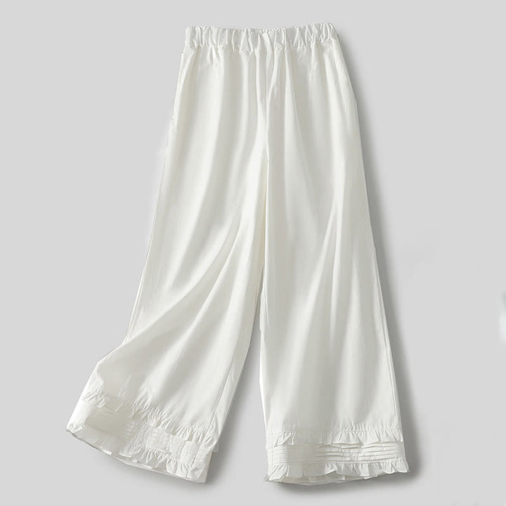 Pantalon en coton et lin pour femme avec poches, motif Buddha Stones, ourlet à volants, couleur pure - Blanc - US12，UK/AU16，EU44 (2XL) - image 0