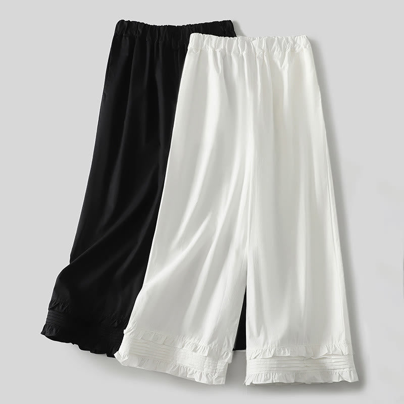 Pantalon en coton et lin pour femme avec poches, motif Buddha Stones, ourlet à volants, couleur pure - image 13