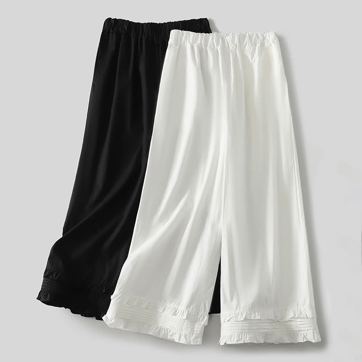 Pantalon en coton et lin pour femme avec poches, motif Buddha Stones, ourlet à volants, couleur pure - image 13