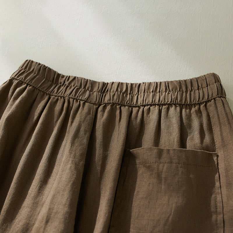 Pantalon court sarouel taille haute en coton et lin pour femme, couleur pure, avec poches, motif Buddha Stones Commute - image 2