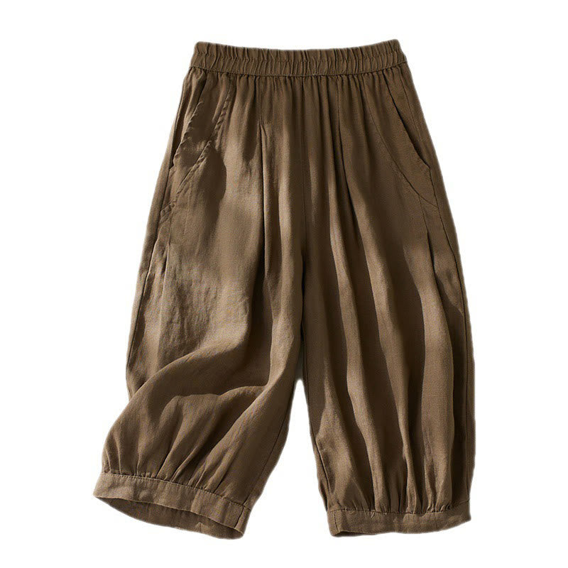 Pantalon court sarouel taille haute en coton et lin pour femme, couleur pure, avec poches, motif Buddha Stones Commute - image 7