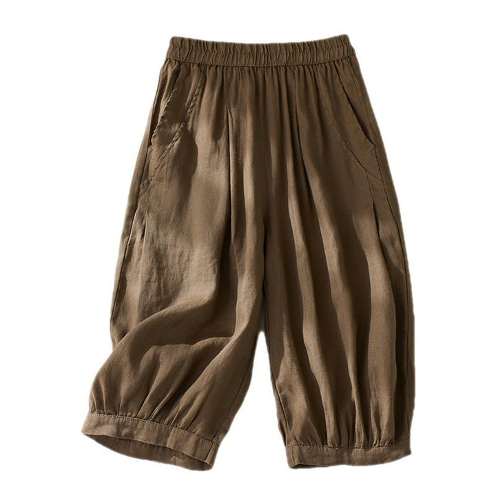 Pantalon court sarouel taille haute en coton et lin pour femme, couleur pure, avec poches, motif Buddha Stones Commute - image 7