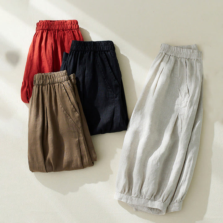 Pantalon court sarouel taille haute en coton et lin pour femme, couleur pure, avec poches, motif Buddha Stones Commute - image 23