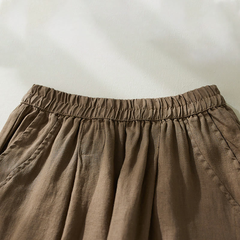 Pantalon court sarouel taille haute en coton et lin pour femme, couleur pure, avec poches, motif Buddha Stones Commute - image 1