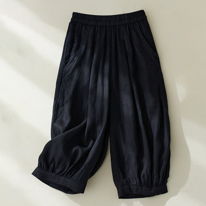 Pantalon court sarouel taille haute en coton et lin pour femme, couleur pure, avec poches, motif Buddha Stones Commute - Noir - US8-10，UK/AU12-14，EU40-42 (2XL) - image 16