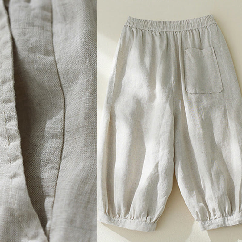 Pantalon court sarouel taille haute en coton et lin pour femme, couleur pure, avec poches, motif Buddha Stones Commute - image 15