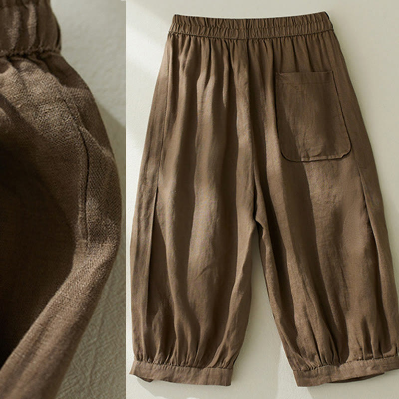 Pantalon court sarouel taille haute en coton et lin pour femme, couleur pure, avec poches, motif Buddha Stones Commute - image 6