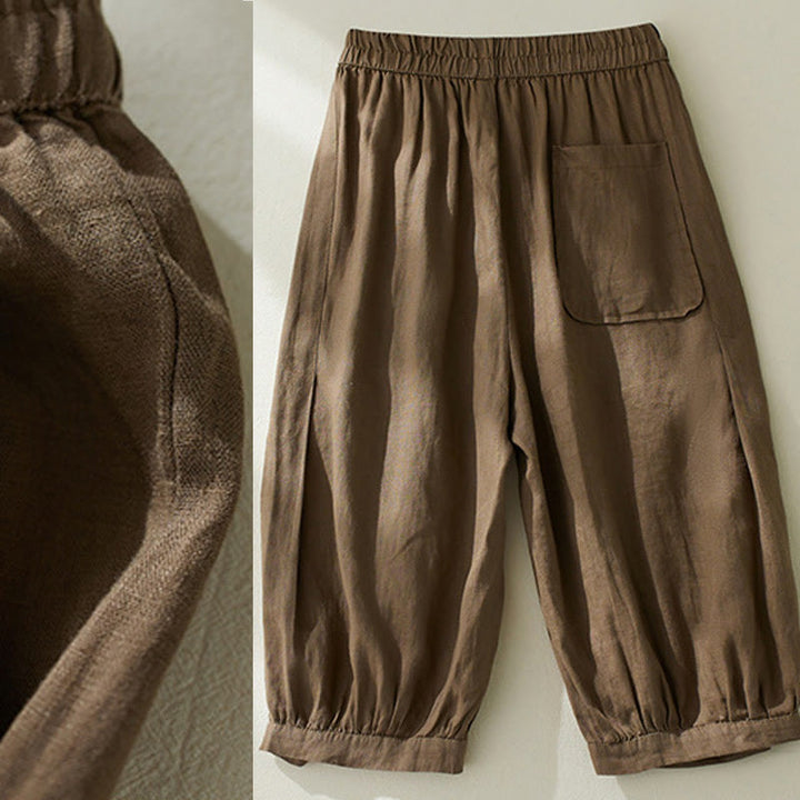 Pantalon court sarouel taille haute en coton et lin pour femme, couleur pure, avec poches, motif Buddha Stones Commute - image 6