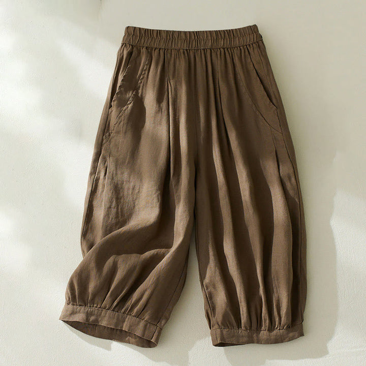 Pantalon court sarouel taille haute en coton et lin pour femme, couleur pure, avec poches, motif Buddha Stones Commute - SaddleBrown - US8-10，UK/AU12-14，EU40-42 (2XL) - image 0