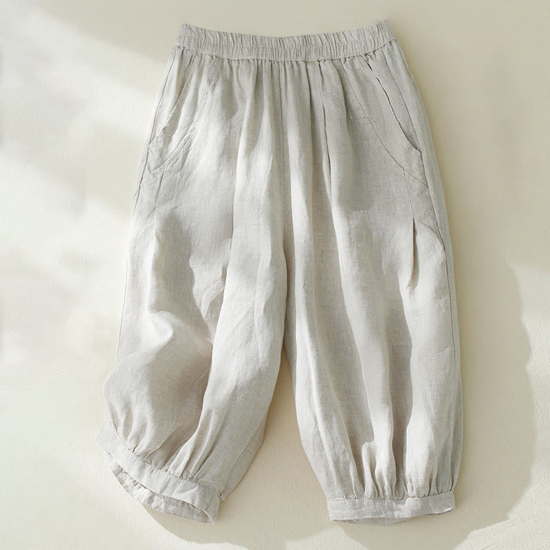 Pantalon court sarouel taille haute en coton et lin pour femme, couleur pure, avec poches, motif Buddha Stones Commute - Lin - US8-10，UK/AU12-14，EU40-42 (2XL) - image 8