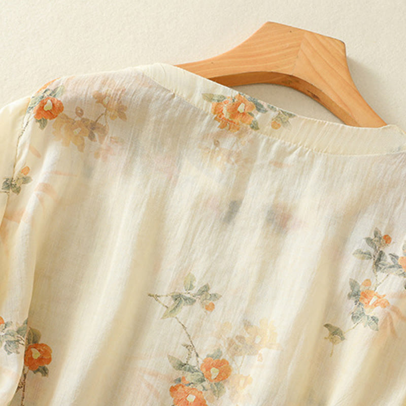 Chemise à manches trois-quarts en polyester pour femme, col ras du cou, imprimé plantes et Buddha Stones , motif grenouille - image 3