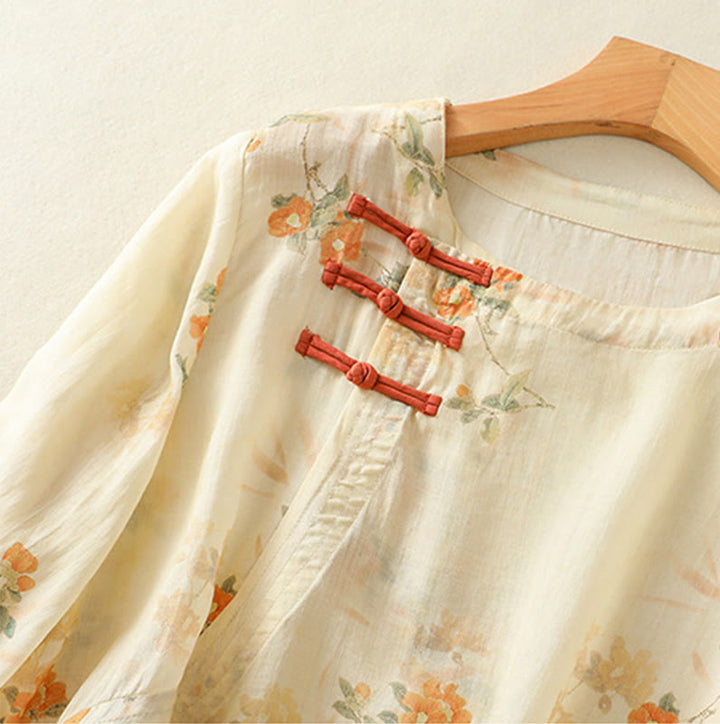 Chemise à manches trois-quarts en polyester pour femme, col ras du cou, imprimé plantes et Buddha Stones , motif grenouille - image 2