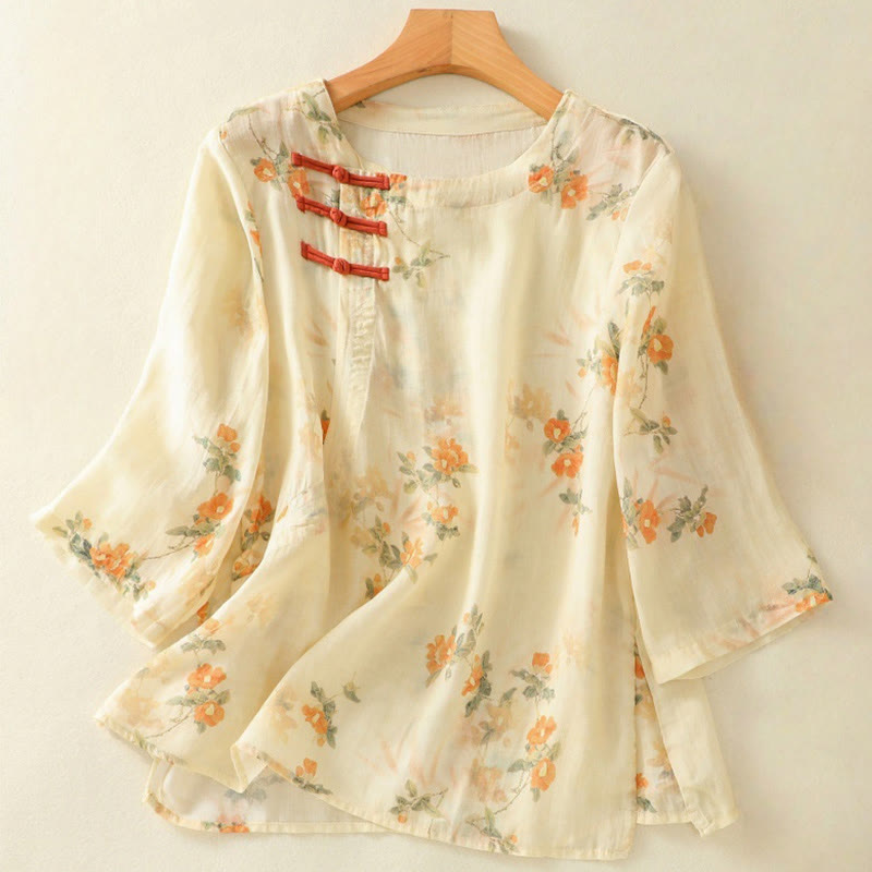Chemise à manches trois-quarts en polyester pour femme, col ras du cou, imprimé plantes et Buddha Stones , motif grenouille - Chiffon au citron - US8-10，UK/AU12-14，EU40-42 (2XL) - image 0