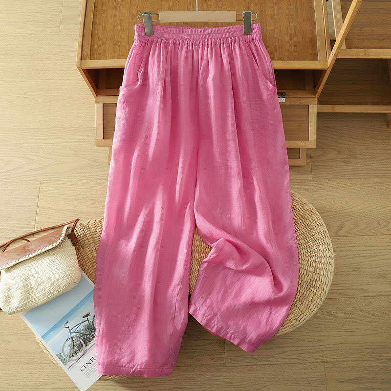 Pantalon sarouel en coton et lin pour femme, longueur cheville, avec poches, motif Buddha Stones , couleur pure, design simple - Rose vif - US8-10，UK/AU12-14，EU40-42 (2XL) - image 15